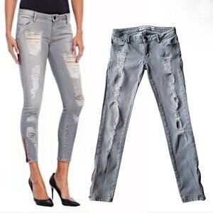 Etienne Marcel Skinny Jeans Grey Distressed Zed Side Zippers Size 26